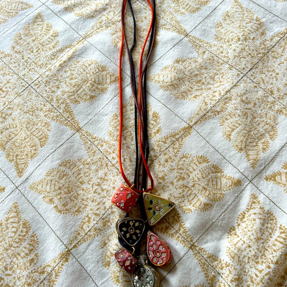 3 Mirror/Bead Encrusted Double Pendant Necklaces on Satin Cording